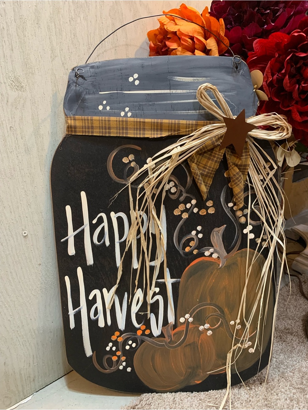 Rustic Harvest Mason Jar Wall Sign - Rustic Black and Orange Home Holiday Decor